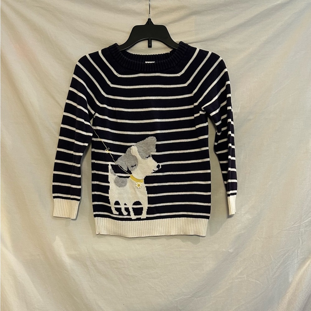 Gymboree Girls Small 5/6 Navy White Stripe Dog Daisy Button Long Sleeve Sweater